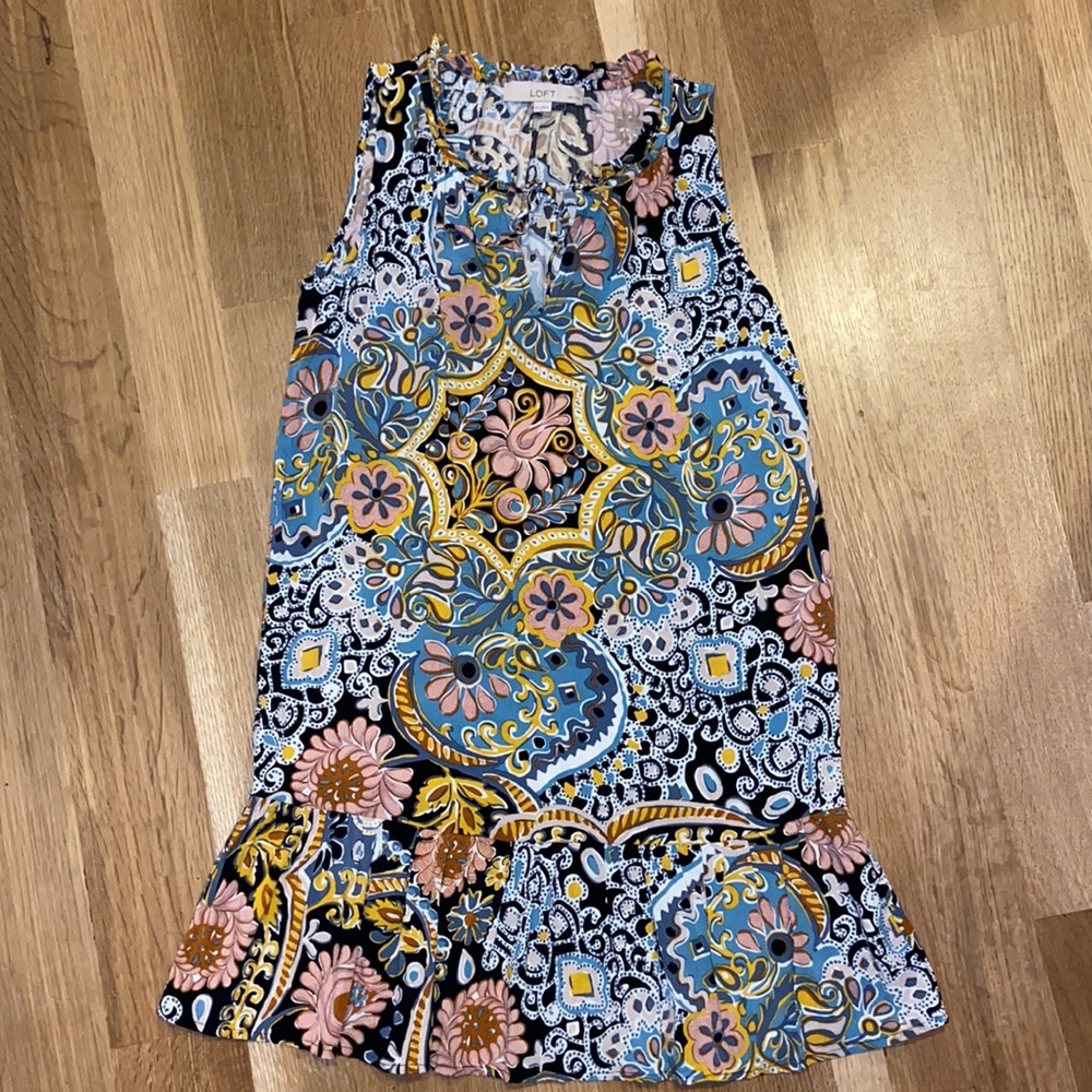 LOFT Petites Fun Boho Spring Floral Print Sleeveless Mini Shift Dress Ruffle Hem